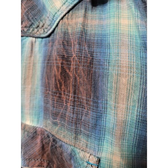 Petrol Industries Mens L Plaid Western Shirt Pearl Snap Blue Brown 100% Cotton - Picture 11 of 12